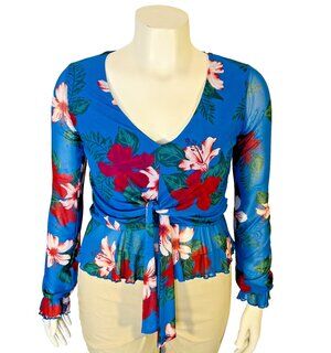 Guess Blouse Womens M Blue Floral Mesh Peplum V-Neck Lined Front Sheer Long Slve
